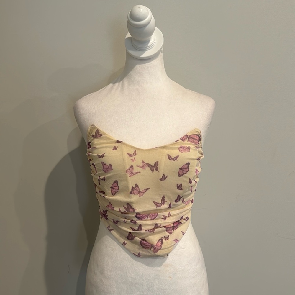 Hazel Boutique Yellow & Pink Butterfly Strapless Bustier Top
